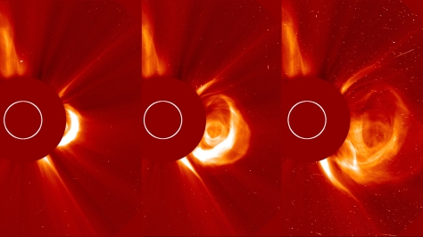 CME tanggal 16 Mei 2012 dengan laju melebihi 1400 km/det. Gambar yang diambil oleh Solar and Heliospheric Observatory (SOHO) ini menunjukkan awan CME yang meluas ketika bergerak menjauhi matahari. (Sumber: ESA dan NASA/SOHO)